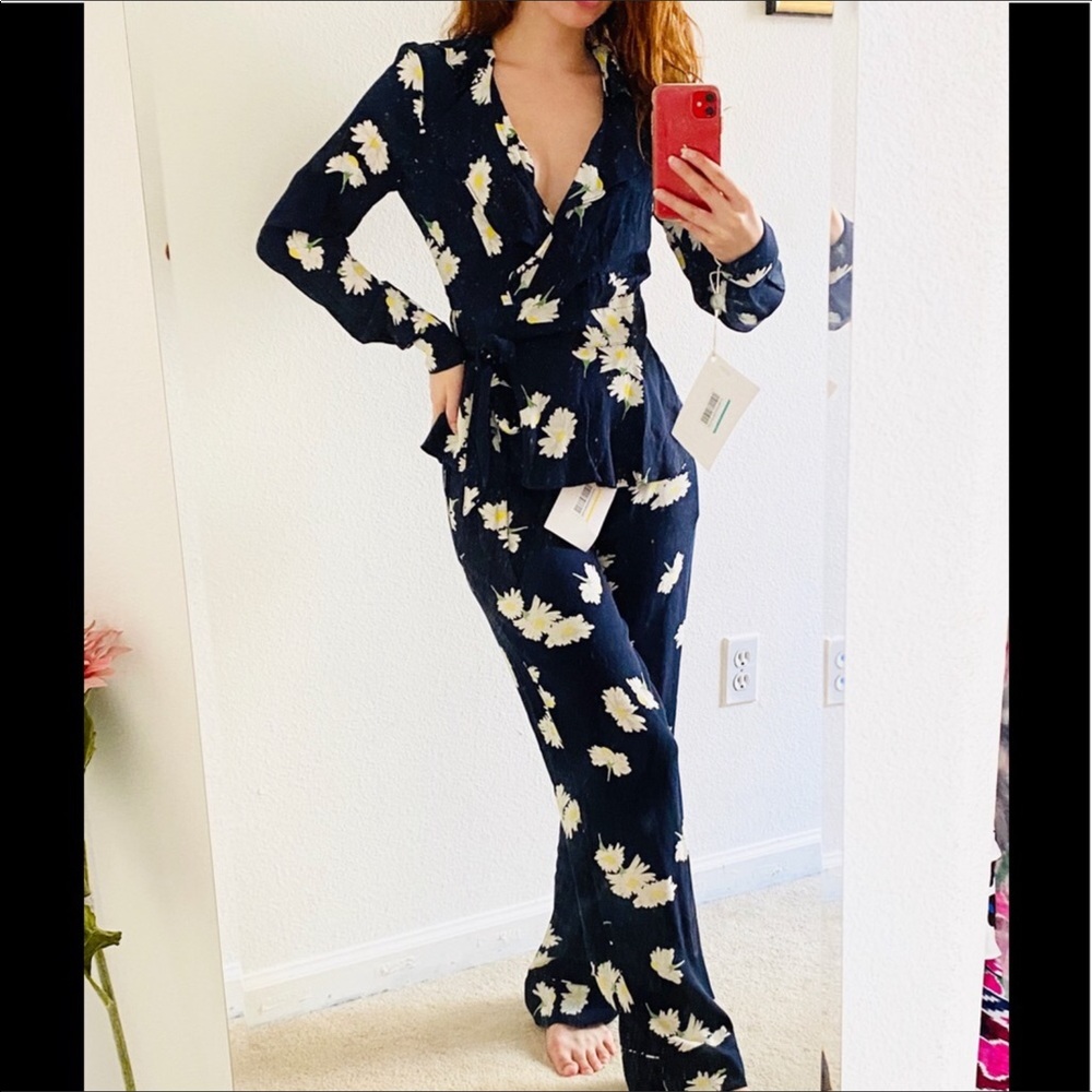 GANNI Total Eclipse Navy Blue Floral Print Set XS